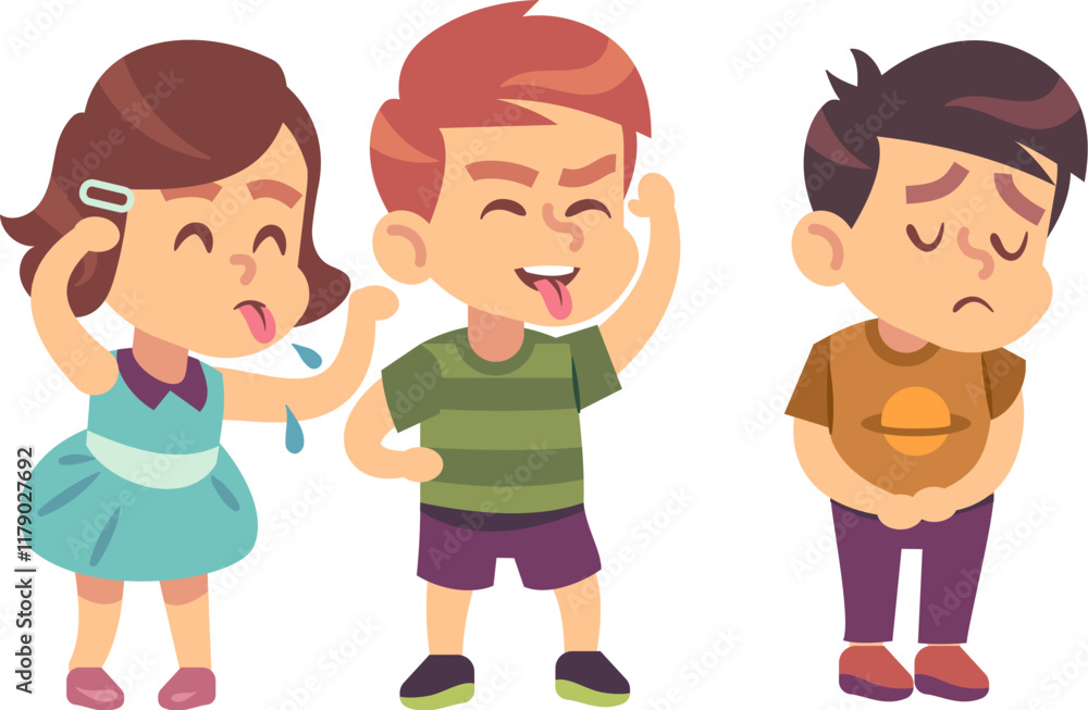Kids bullying. Verbal and physical social conflict between children, battle abuse, quarrel and mocking classmate, aggressor and victim in school, vector characters cartoon flat illustration