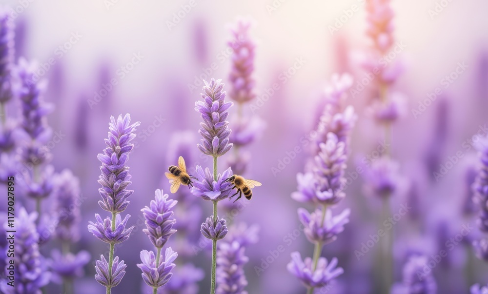 Bees pollinating lavender flowers in bloom Bees pollinating lavender flowers in bloom