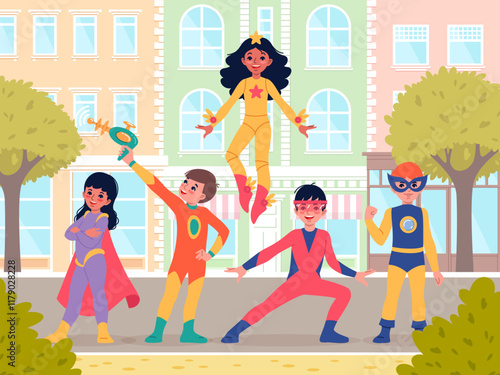 Cute children superheroes on city street. Kids play outdoors, colored jumpsuits and capes, young owners of super abilities, smiling boys and girls, cartoon flat isolated vector poster