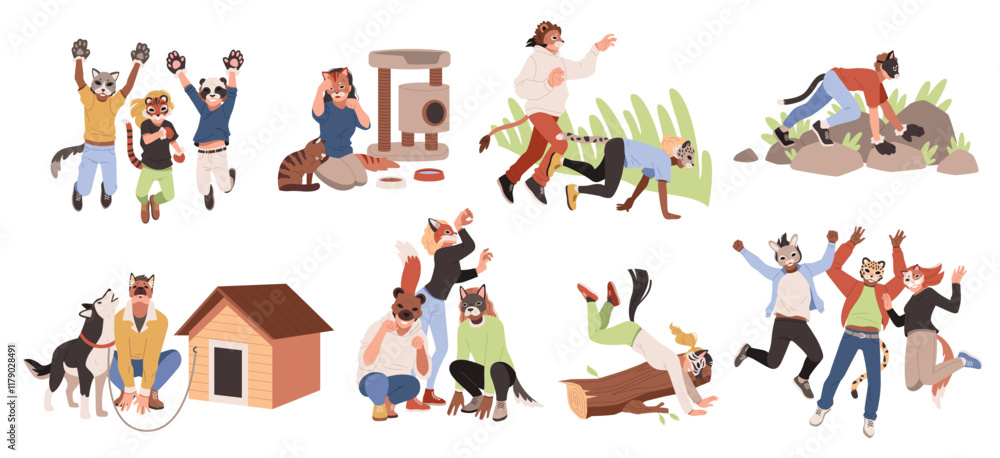 Fototapeta premium Cartoon quadrobbers characters. People imitate animals, behavior and habits, pets, wildlife cosplay, active outdoor games, happy friends playing, artistic expression, isolated tidy vector set