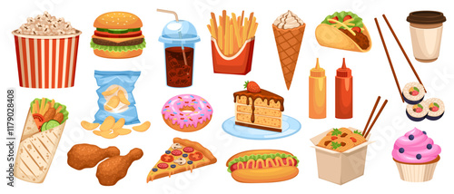 Cartoon street food. Fast, junk meal, deep fried snacks, high cholesterol, obesity, pizza and burger, hot dog, french fries, chips, sweet cake and ice cream, sushi and popcorn tidy vector set