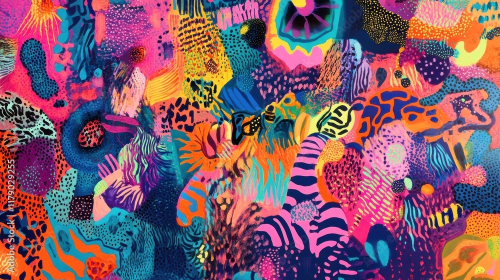 Obraz premium A colorful abstract background with a lot of different shapes and colors. Risograph effect, trendy riso style bottom layer