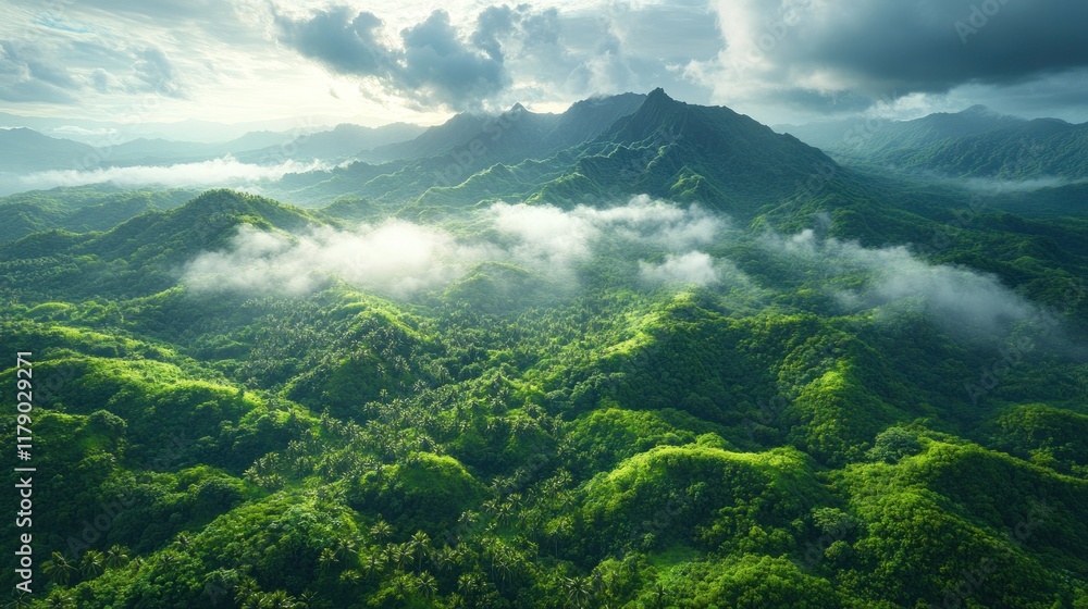 Obraz premium Lush green mountains and valleys under a cloudy sky, capturing serene nature's beauty.
