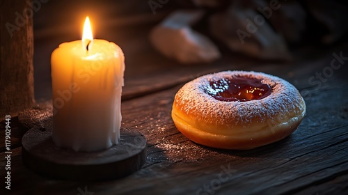 A jamfilled donut illuminated by soft candlelight on a rustic wooden table photo