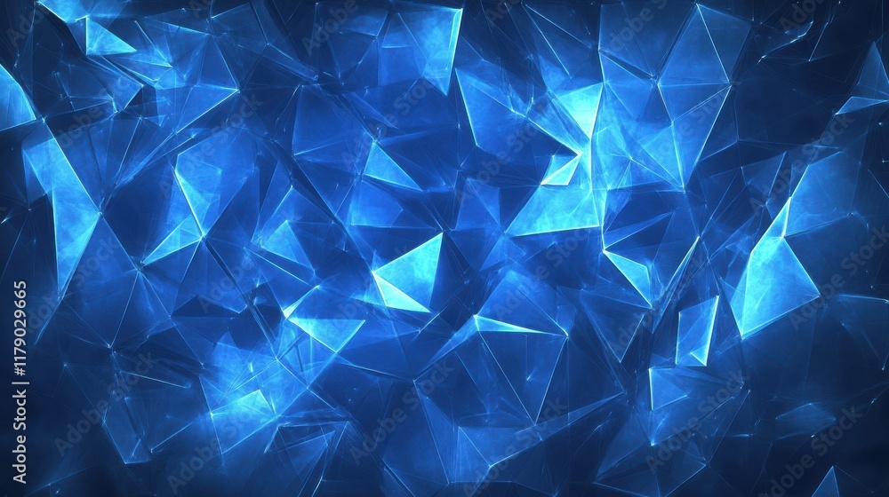 Naklejka premium A dynamic, geometric blue background with connected nodes and glowing polygonal shapes, ideal for tech designs.