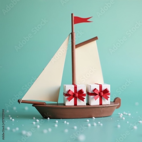 charming toy sailboat with red ribbon adorned gifts against a soft aqua backdrop. Minimalist design, perfect for holiday or celebration themes.