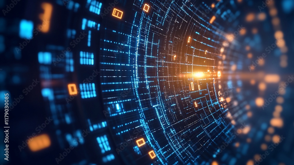 Obraz premium Abstract digital tunnel with glowing lines and binary code.