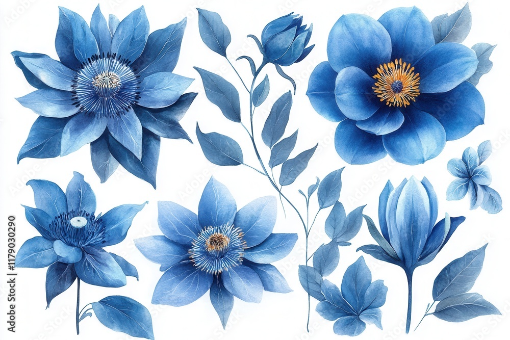 A collection of blue floral illustrations showcasing various flowers and leaves. A collection of blue floral illustrations showcasing various flowers and leaves.