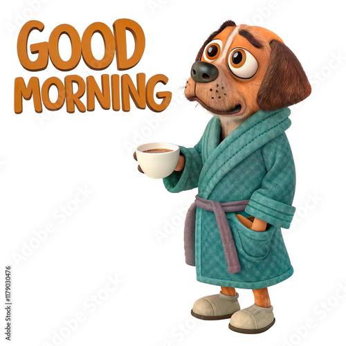 Animated dog in a dressing gown with a cup of coffee and the inscription 