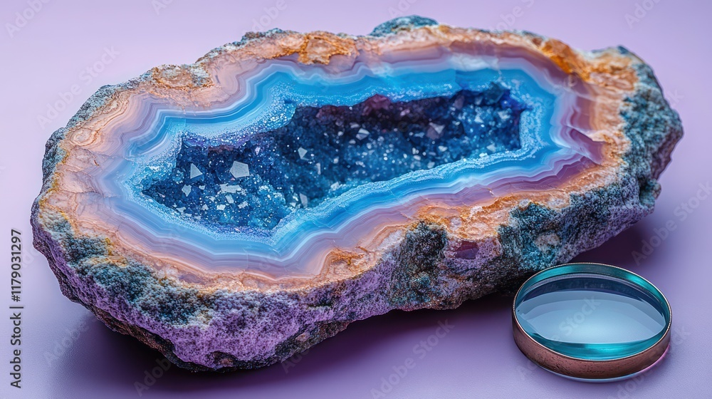 Stunning Geode Crystal with Magnifying Glass on Pastel Surface Showcasing Vivid Colors Stunning Geode Crystal with Magnifying Glass on Pastel Surface Showcasing Vivid Colors