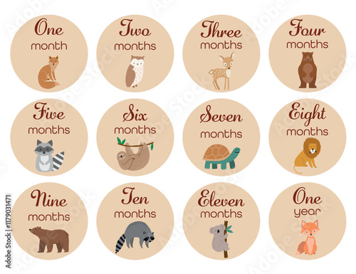 Cards, stickers for baby photo shoots by months with cute animals. Birthday by months. Vector illustration.