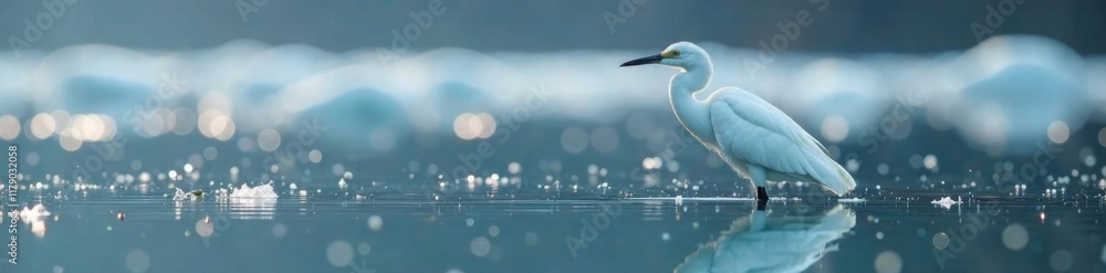 Icy waters reflect serene snowy white egret, feathers glistening with dew, water, serene, icy waters Icy waters reflect serene snowy white egret, feathers glistening with dew, water, serene, icy waters