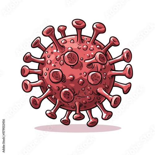 Red spherical virus with spikes, three-dimensional look.