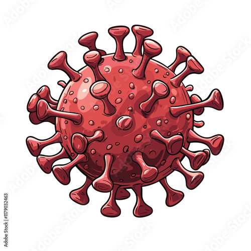Red spherical virus with spikes, three-dimensional look.