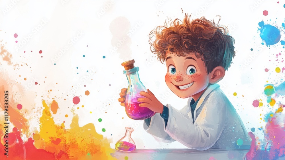 22.Cartoon artwork of a young boy in a lab coat, grinning as he examines a flask filled with vibrant liquid, with whimsical details and a crisp white backdrop. 22.Cartoon artwork of a young boy in a lab coat, grinning as he examines a flask filled with vibrant liquid, with whimsical details and a crisp white backdrop.