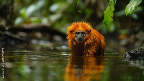 A golden lion tamarin drifting through the still waters of a jungle creek photo