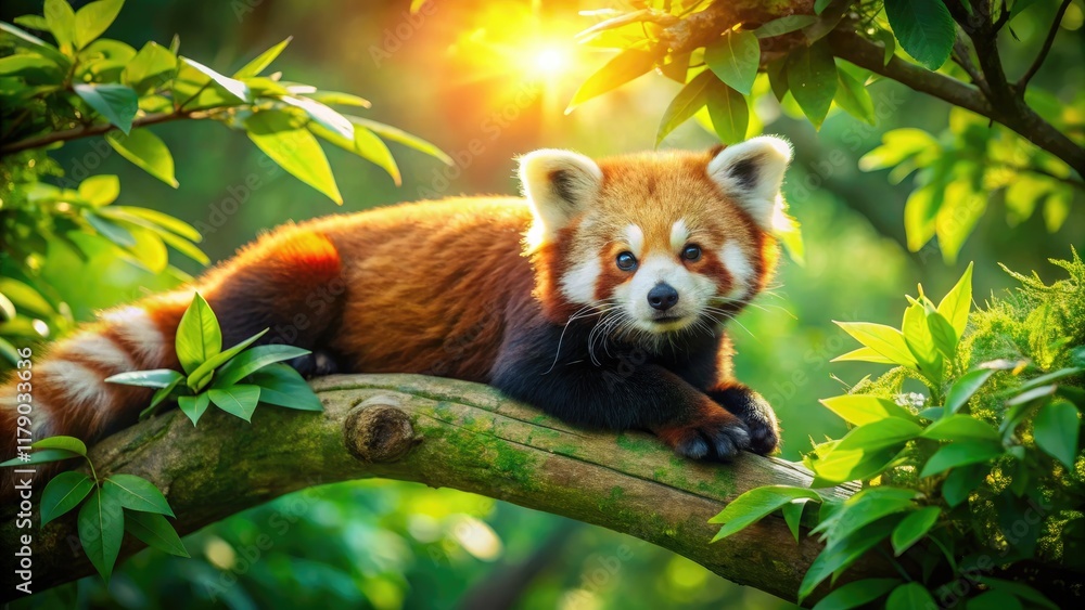 Obraz premium A red panda's aerial slumber, a precious Himalayan wildlife moment.