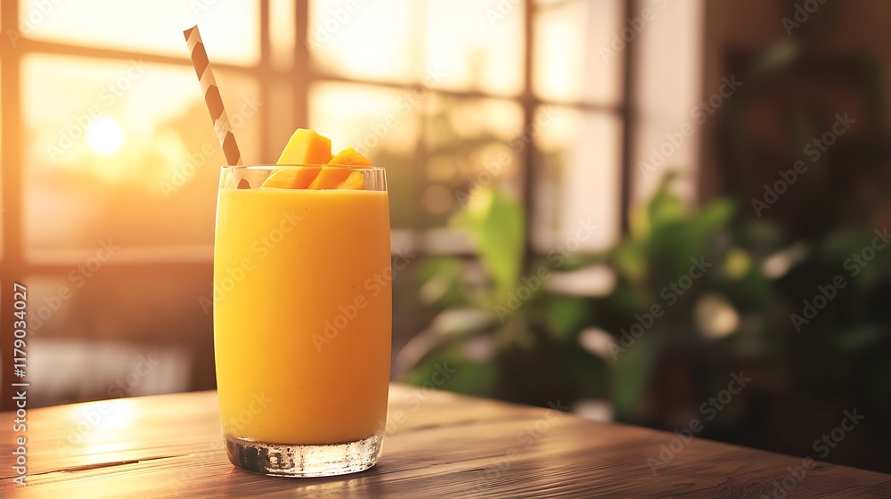 A glass of mango shake on a wooden table with a soft evening glow coming through large windows A glass of mango shake on a wooden table with a soft evening glow coming through large windows