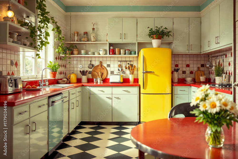 Retro kitchen interior with yellow refrigerator, red countertops, black and white checkered floor, white cabinets, fresh daisies and indoor plants in sunny room Retro kitchen interior with yellow refrigerator, red countertops, black and white checkered floor, white cabinets, fresh daisies and indoor plants in sunny room