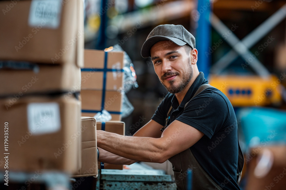 Warehouse worker arranging cardboard boxes on a metal shelf Warehouse worker arranging cardboard boxes on a metal shelf