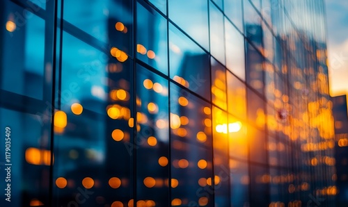 Abstract bokeh, building and blurred architecture background for design, finance and financial business center. Colorful, urban city and glow reflection mockup for investment, economy, Generative AI
