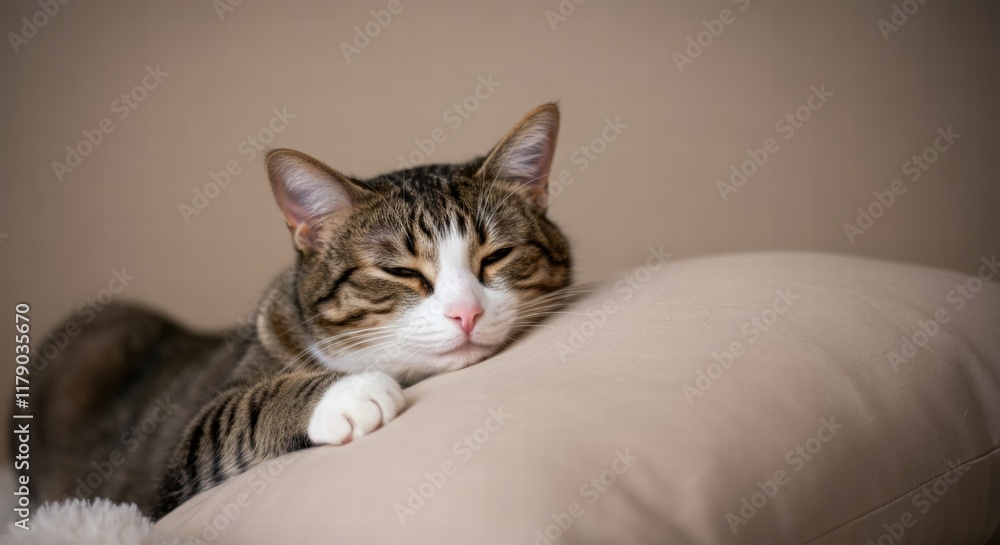 Tabby cat relaxing on a cushion with eyes closed Tabby cat relaxing on a cushion with eyes closed