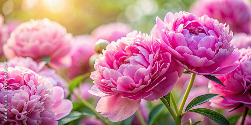 Fototapeta premium Candid shots reveal the breathtaking beauty of blooming pink peonies.