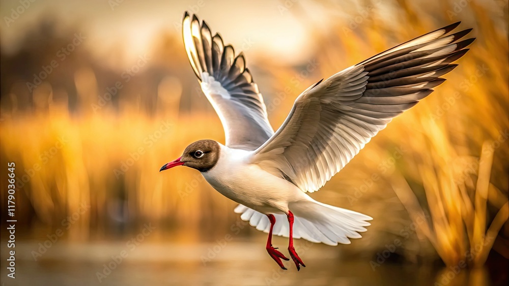 Obraz premium Close-up: Black-headed gull in flight, vintage style. Larus ridibundus soaring.