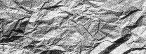 Vector old paper background. Retro halftone effect. Crumpled sheet template. Rough grungy wrinkled overlay. Aged gritty dusty dark grey page mockup. Distressed snow peaks mountain range collage bg