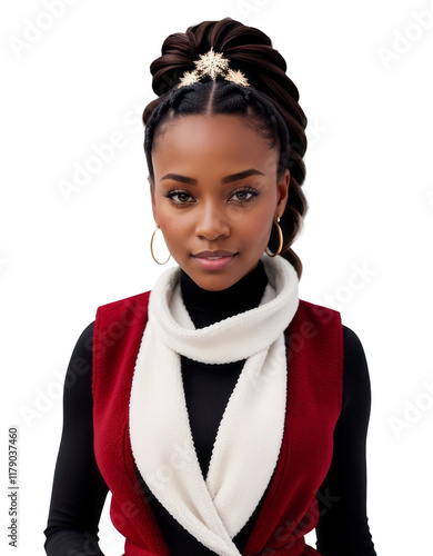Portrait of a beautiful modest black American woman in a Christmas-themed winter vest. Cut out
