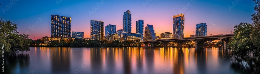 Naklejka premium Dramatic city skyline at dusk, a breathtaking view of illuminated buildings and urban landscape