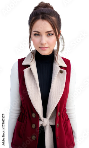 Portrait of a beautiful modest American woman in a Christmas-themed winter vest. Cut out