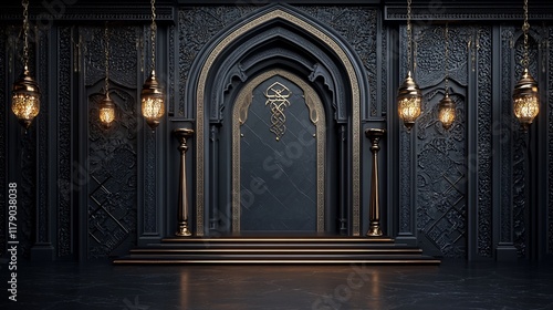 Dark ornate archway with gold accents and steps.