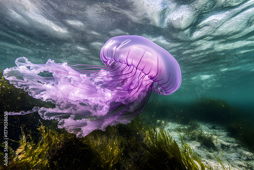 Graceful purple jellyfish with translucent bell glowing in vibrant violet and lavender. photo