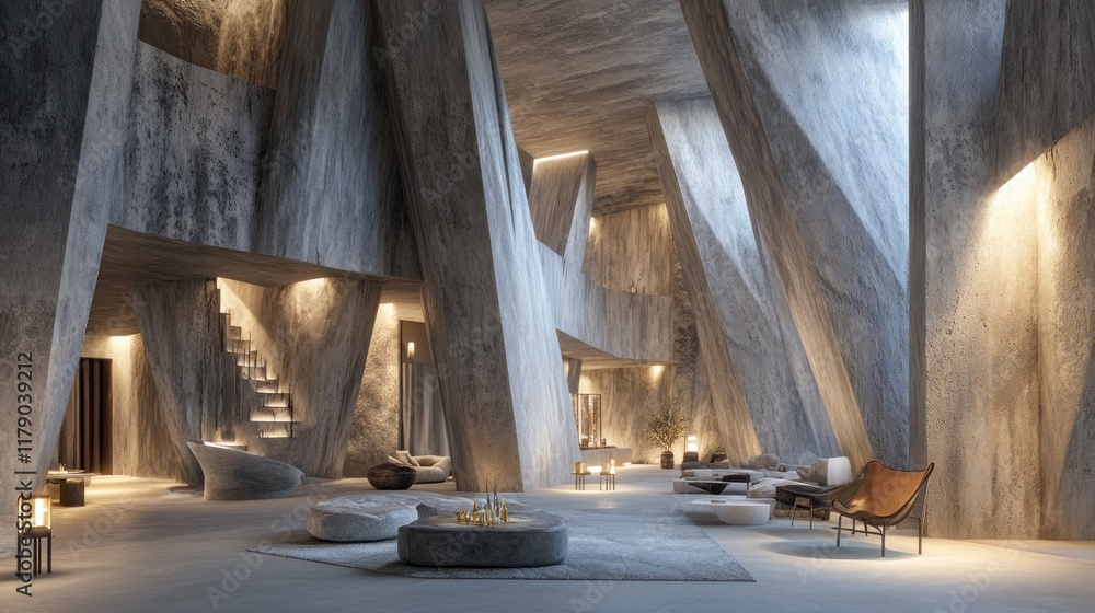 Fototapeta premium Modern minimalist lobby interior with dramatic concrete architecture, featuring seating areas and ambient lighting.