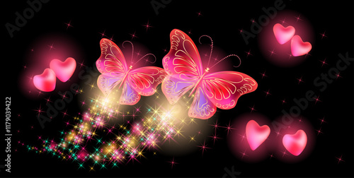 Flying two transparent butterflies with sparkle and blazing trail  with glowing hearts and sparkle stars in cosmic space. Valentine day card design.
