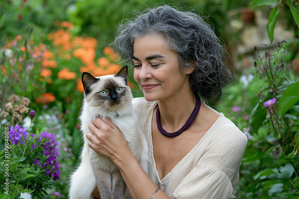 Obraz premium Mature Latina Woman Holding Siamese Cat in Blooming Garden with Vibrant Flowers and Greenery