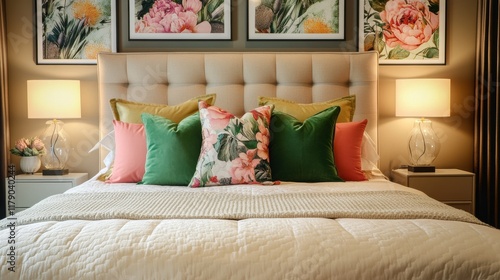 Pink and green pillows on bed with beige bedhead and lamps in modern bedroom interior with floral posters photo