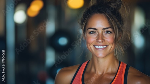 portrait of an athletic woman in her late thirties gym bokeh background photo