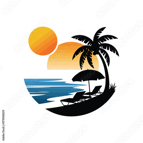 summer beach logo icon with palm trees, umbrella and daybed at seaside with sun and flying gulls. Isolated vector emblem for summer travel, vacation or holiday spare time with paradise island