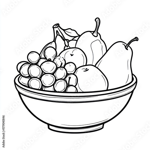 Line art fruit bowl, pears, grapes, apples, banana, kitchen, recipe illustration photo