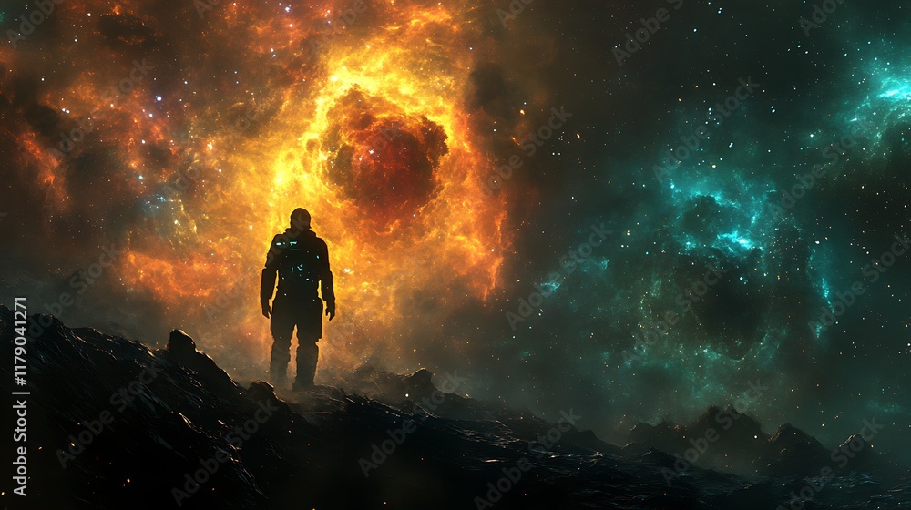 Fototapeta premium Astronaut Silhouetted Against Fiery and Teal Nebulae: A Dramatic Cosmic Artwork