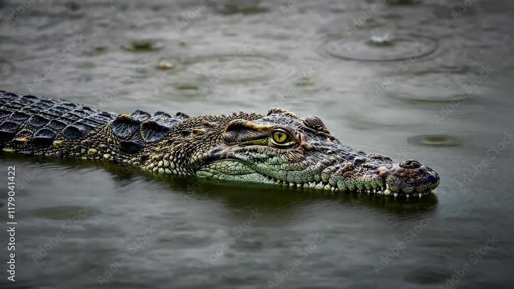 Crocodile emerging in rainy swamp: observant reptile patrols watery habitat Crocodile emerging in rainy swamp: observant reptile patrols watery habitat