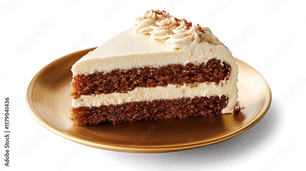 A fresh slice of smooth carrot cake topped with cream cheese frosting sitting on a golden plate A fresh slice of smooth carrot cake topped with cream cheese frosting sitting on a golden plate