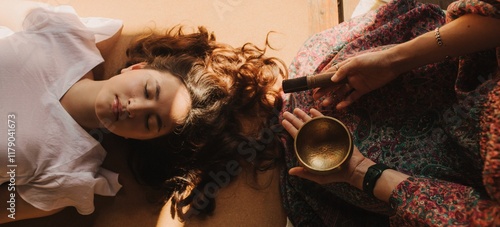 Close up of female mentor and student before Mindful meditation and yoga in the gazebo. Facilitating meditative experience. Part of the series. Tibetan singing bowl