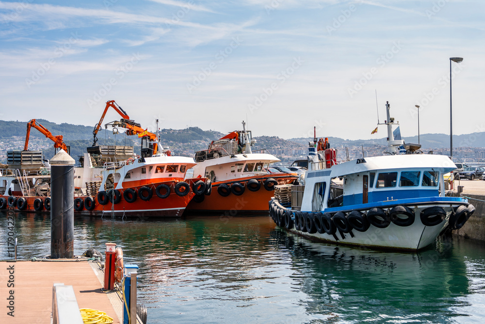 Ships by the coast on Marina of Moana - Galicia, Spain