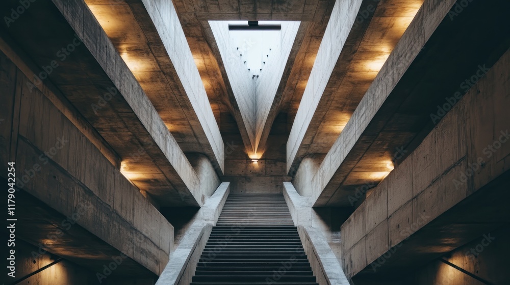 Fototapeta premium Low-angle view of a modern concrete staircase ascending towards a light source in a symmetrical architectural structure.