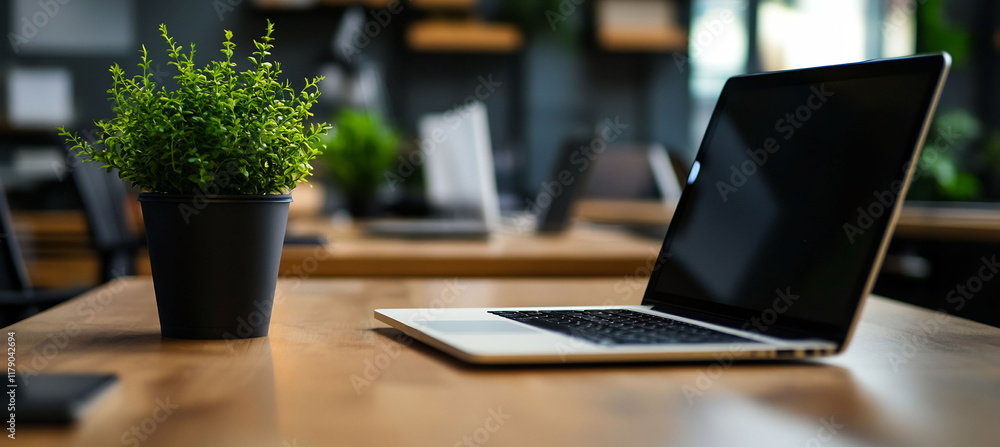 Laptop front side on the table in an office ample space for the copy Laptop front side on the table in an office ample space for the copy