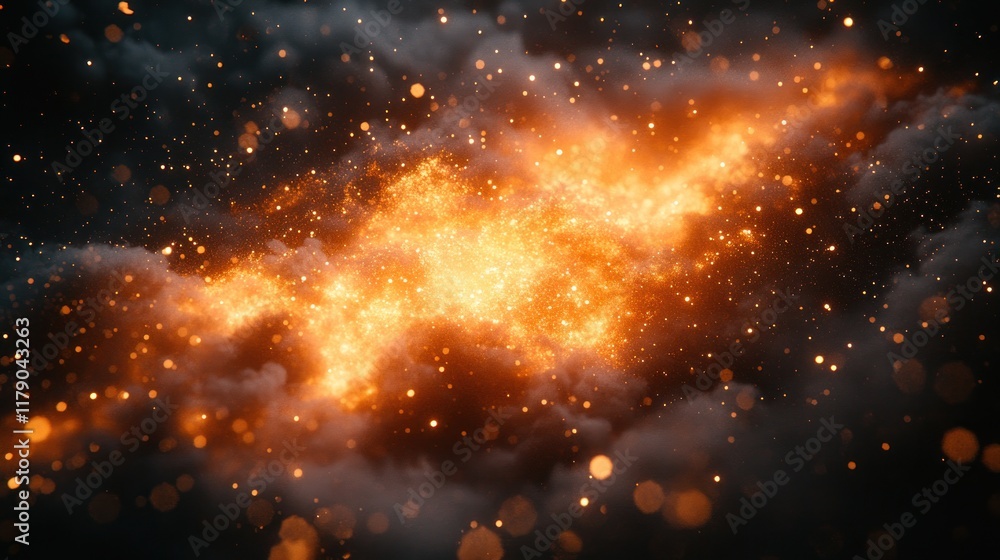 Fototapeta premium Fiery nebula with glowing embers and dark smoke.