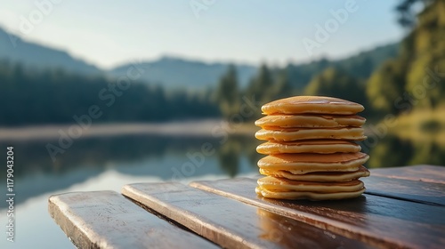 A fluffy pancake tower on a polished wooden surface near a sparkling lake photo